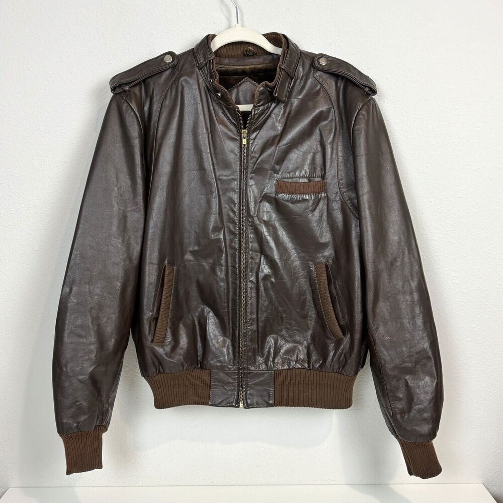 Vintage 80s Brown Leather Bomber Racing Jacket & Removable Faux Fur Liner L/48